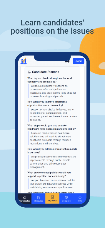 MyBallot candidate stances screen showing written candidate responses to public policy questions.